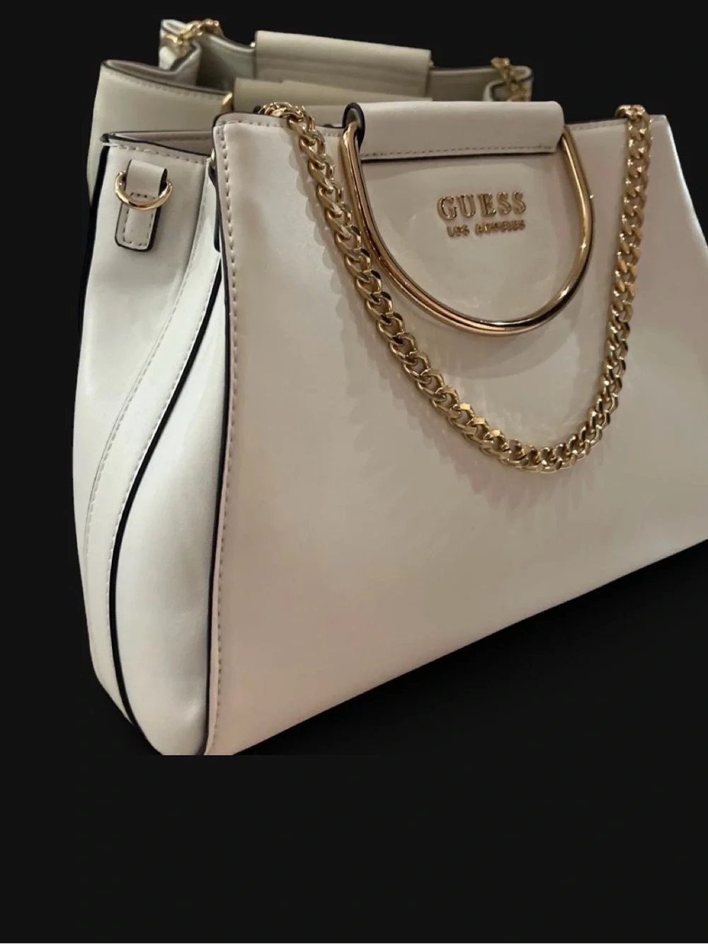 GUESS Cream Satchel with Gold Chain Accent